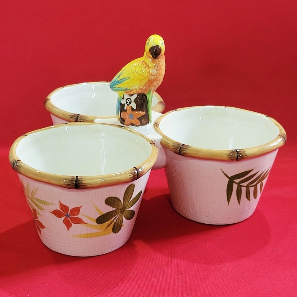 Vintage Ceramic Three Section Condiment Serving Bowl Decorative Parrot Handle